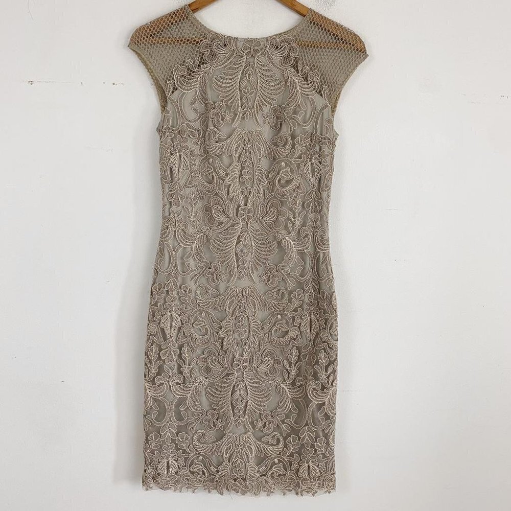 TADASHI SHOJI beige lace eyelet cap sleeve mini dress